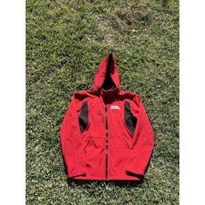 HEB Employee Jacket Mens Large Red Black Hooded Softshell Fleece Lined Zip Work